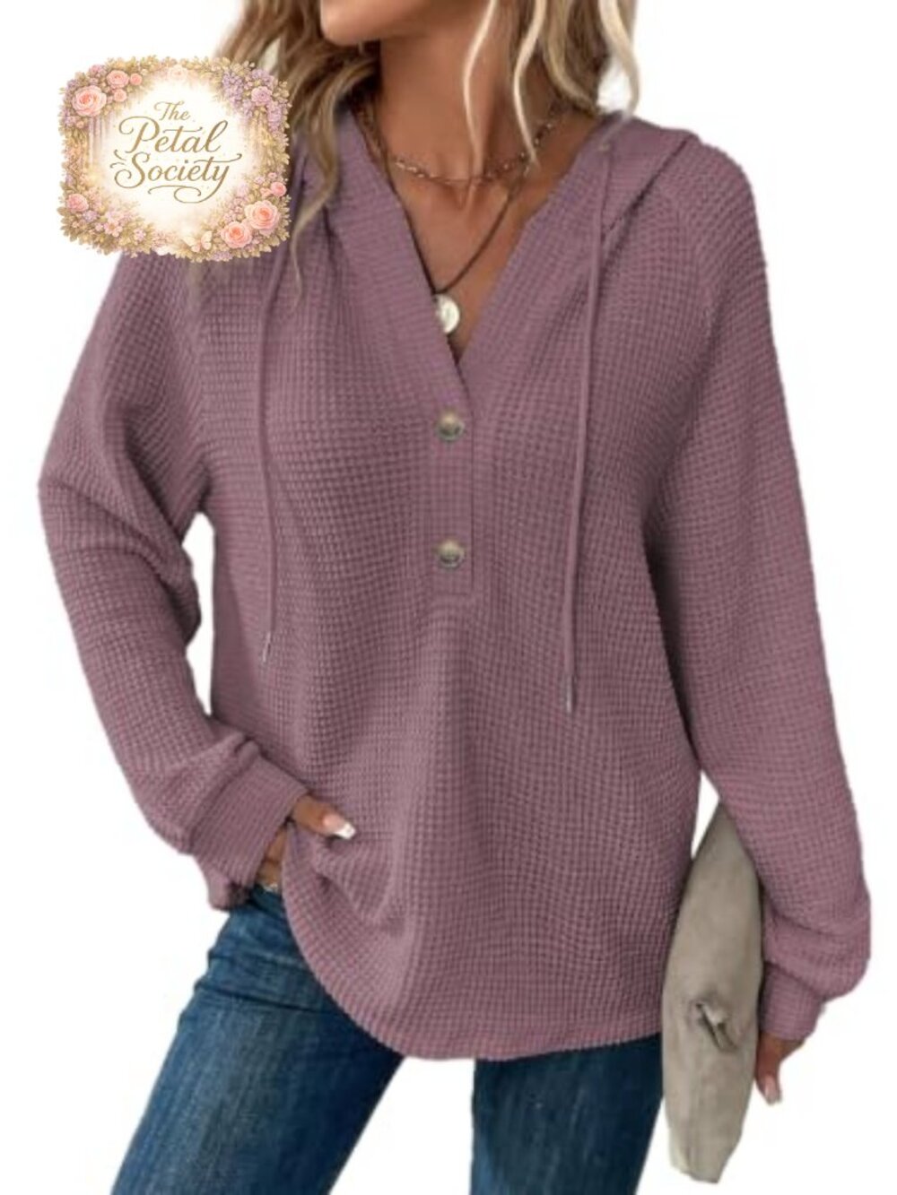 Waffle Knit Button V Neck Hoodie Oversized Casual Sweatshirt